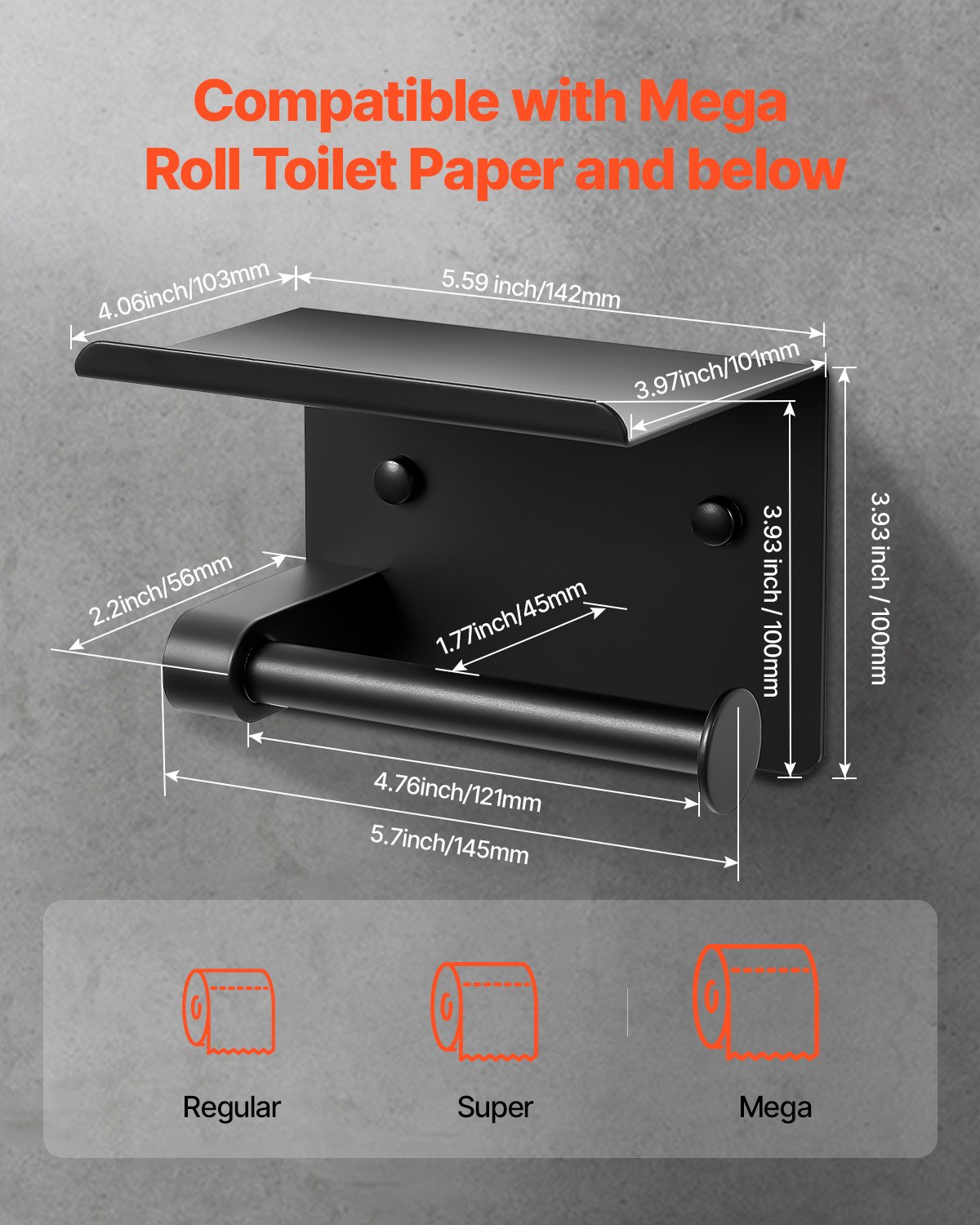 Toilet Paper Holder with Shelf – Wall Mounted, Matte Black
