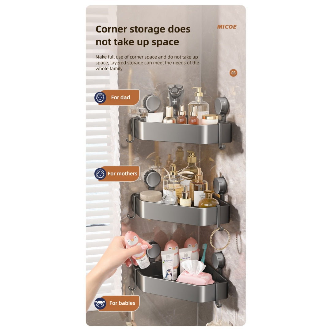 Suction Cup Bathroom Corner Shelf – No Drilling Storage Rack for Tiles & Glass