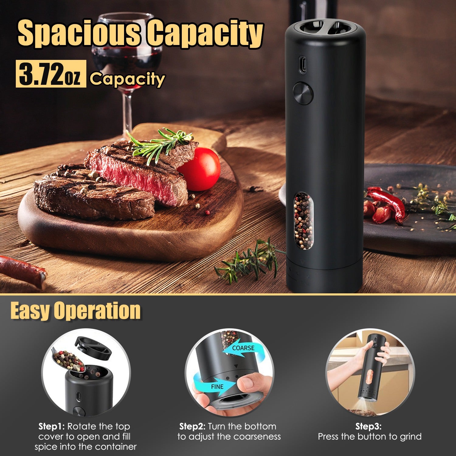 USB Rechargeable Electric Pepper Grinder – Adjustable Coarseness Salt & Spice Mill with LED